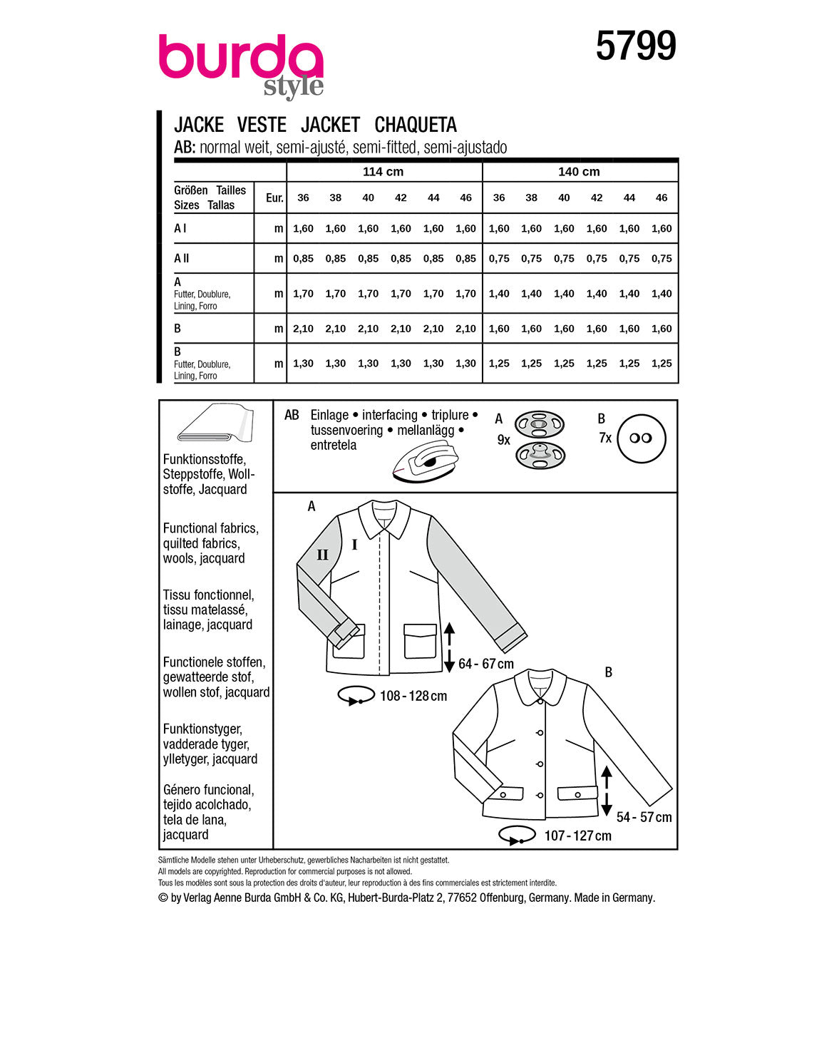 Symønster Burda 5799 - Jakke - Dame | Billede 5