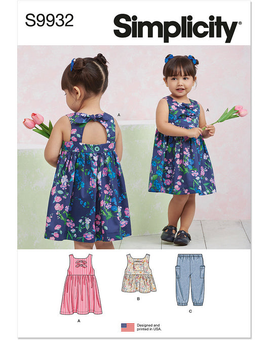 PDF-symønster - Simplicity 9932 - Kjole Bukser - Pige Baby | Billede 2