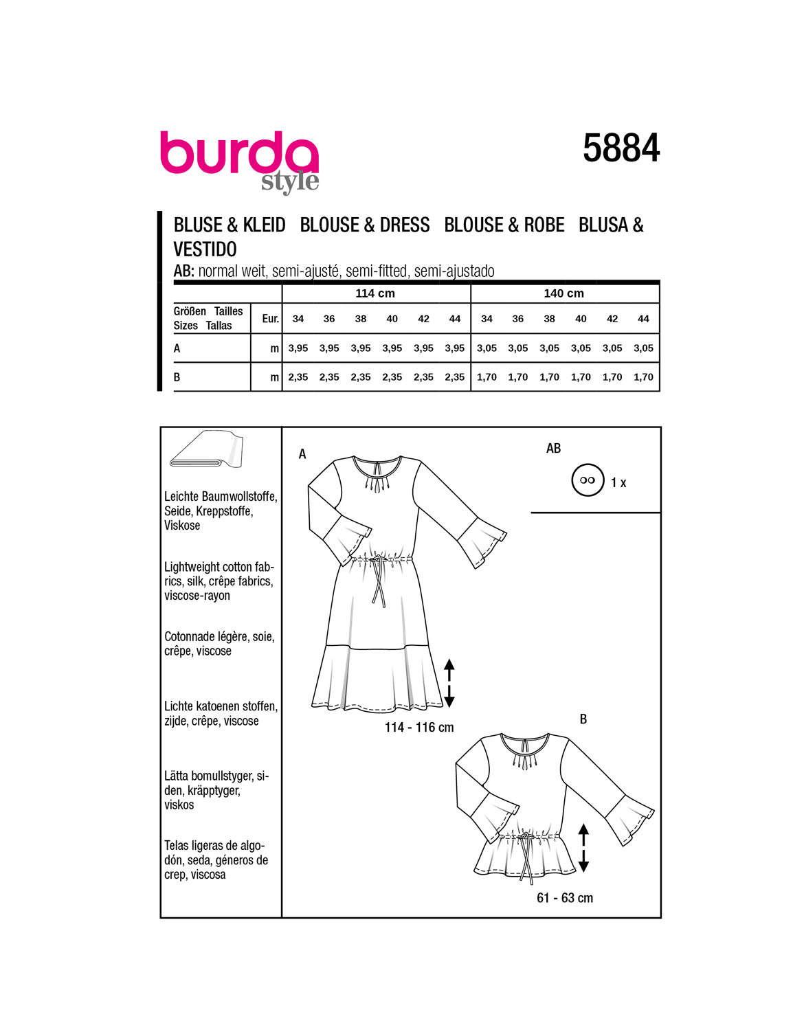 Symønster Burda 5884 - Kjole Bluse - Dame | Billede 1