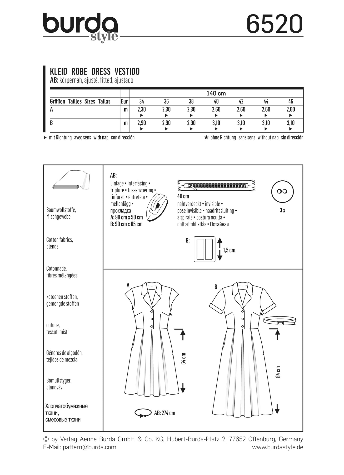 Symønster Burda 6520 - Kjole Bluse Nederdel Skjorte - Dame | Billede 3